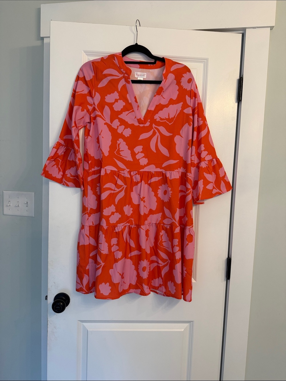 Bright Floral V-Neck Tiered Dress - Pink on Red